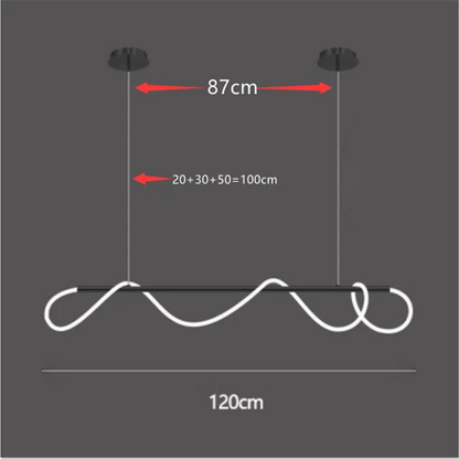 Modern white led pendant light with sleek wavy design and black mounting hardware for dining room contemporary led chandelier