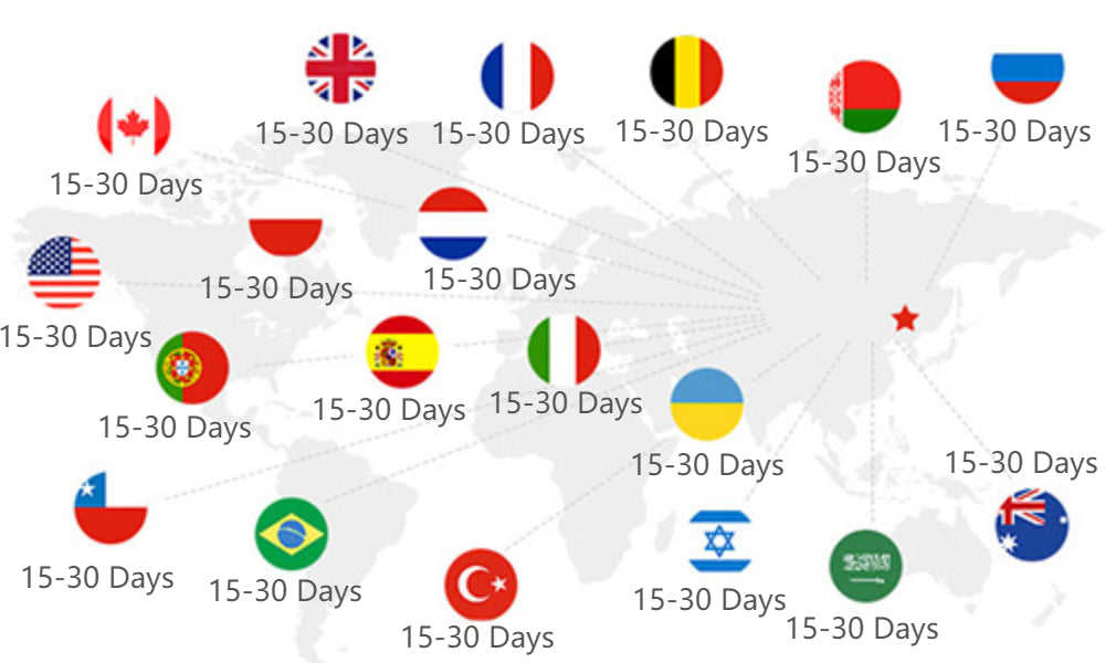 World map graphic with flags and 15-30 days text showcasing shipping for decorbites™ contemporary led chandelier dining room lighting