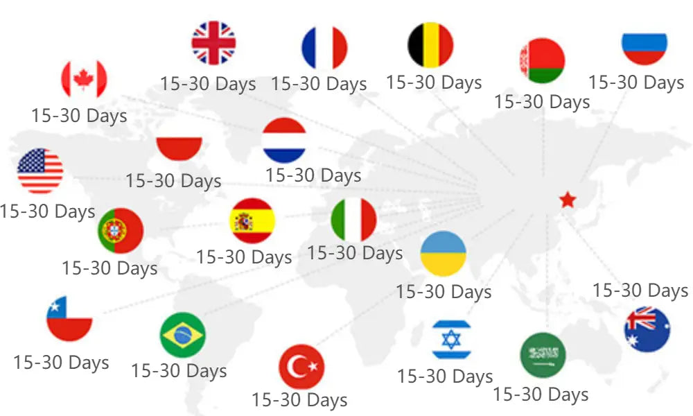 World map graphic with flags and 15-30 days text showcasing shipping for decorbites™ contemporary led chandelier dining room lighting
