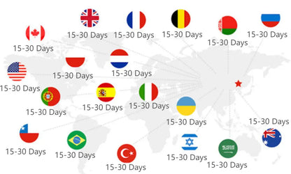 World map graphic with flags and 15-30 days text showcasing shipping for decorbites™ contemporary led chandelier dining room lighting