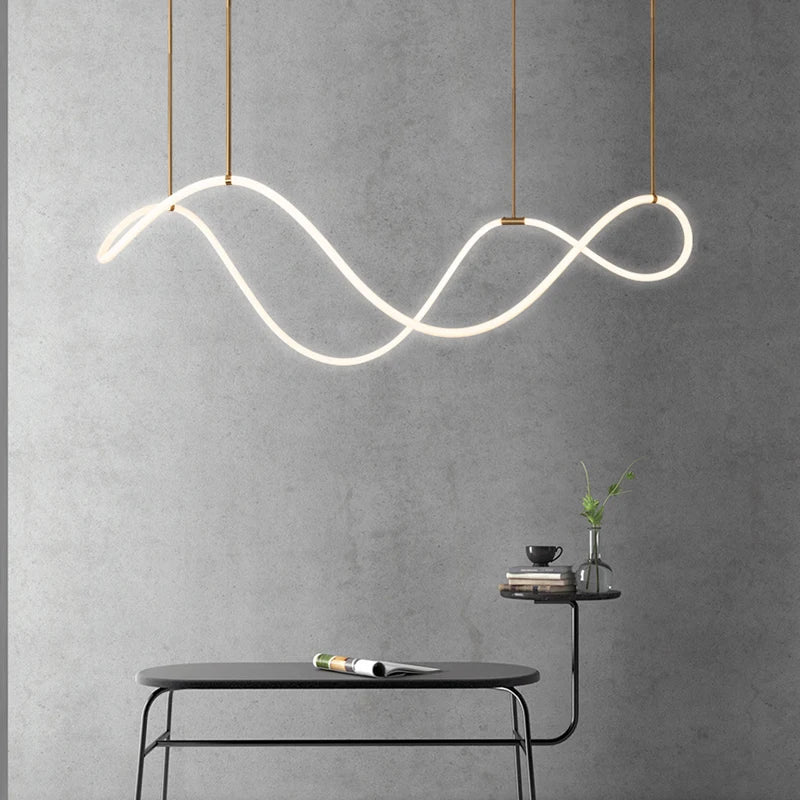 Modern white DecorBites™ contemporary led chandelier with sleek wave design and gold rods for dining room lighting