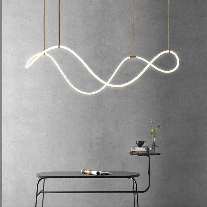 Modern white DecorBites™ contemporary led chandelier with sleek wave design and gold rods for dining room lighting