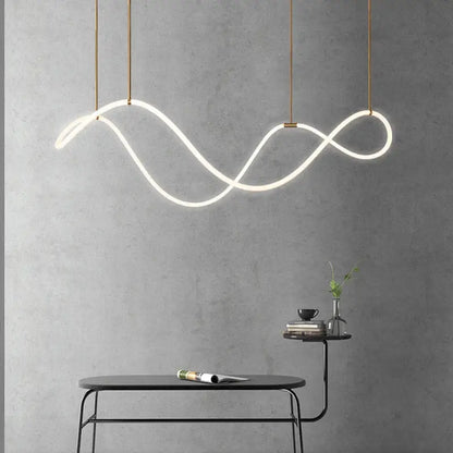 Modern white DecorBites™ contemporary led chandelier with sleek wave design and gold rods for dining room lighting