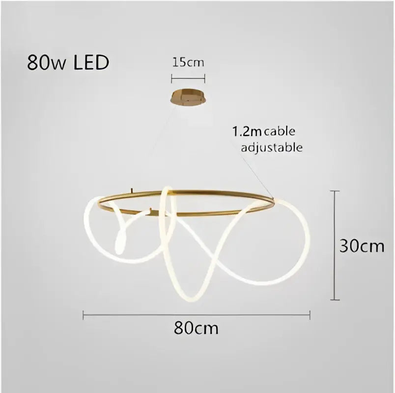 Gold-toned DecorBites™ contemporary led chandelier with 30cm diameter and white flexible light strands for dining room lighting