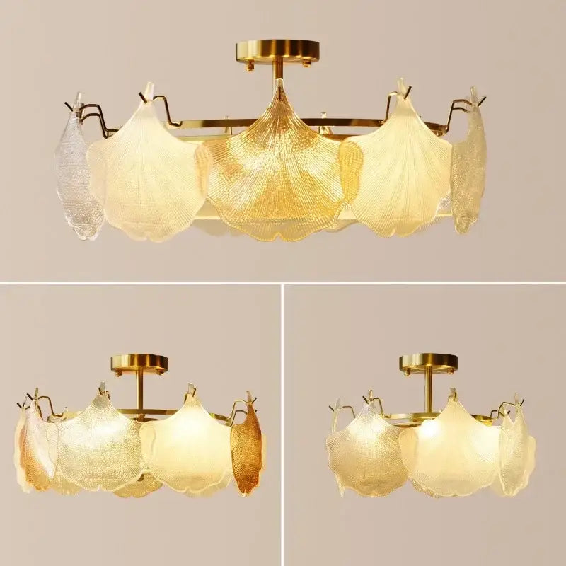 Gold-toned decorbites contemporary led chandelier with translucent ginkgo leaf glass shades for dining room lighting