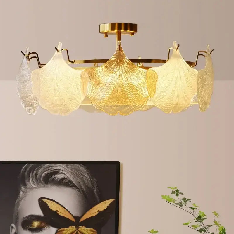 Gold-toned decorbites contemporary led chandelier with five fan-shaped translucent glass shades for dining room lighting
