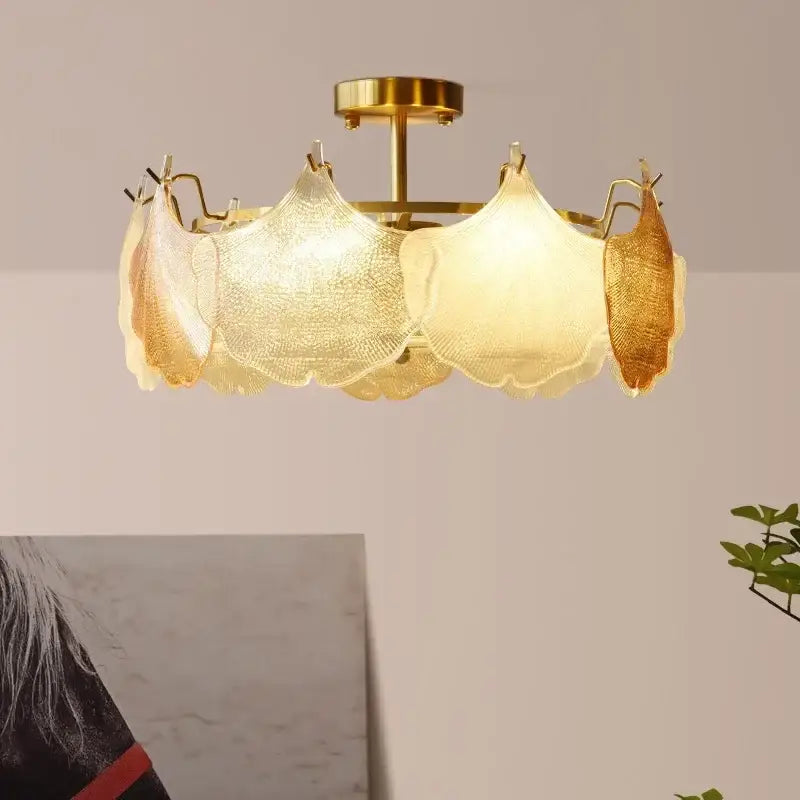 Gold-toned decorbites contemporary led chandelier with translucent textured leaf glass shades for dining room lighting
