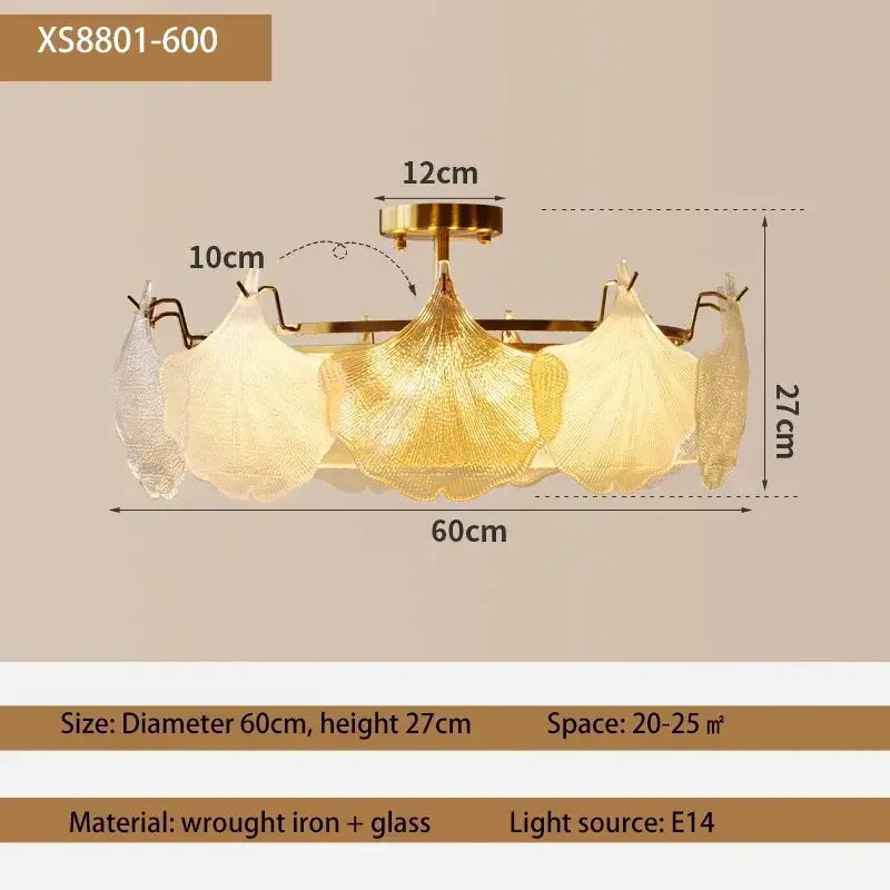 Gold-toned decorbites contemporary led chandelier with five translucent leaf-shaped glass shades on wrought iron frame