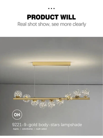 DecorBites™ contemporary LED glass ceiling chandelier with gold-toned pendant lamps and clear globe shades on a sleek bar