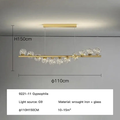 Gold-toned decorbites™ contemporary led glass ceiling chandelier with wrought iron bar and clear globe bulbs for home lighting