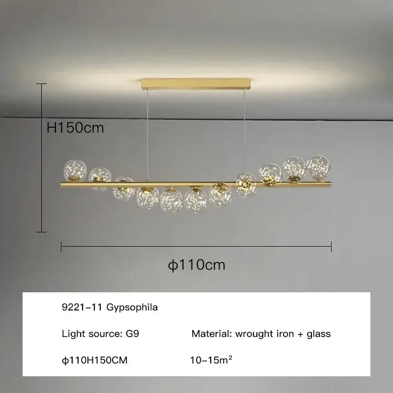 Gold-toned decorbites™ contemporary led glass ceiling chandelier with wrought iron bar and clear globe bulbs for home lighting