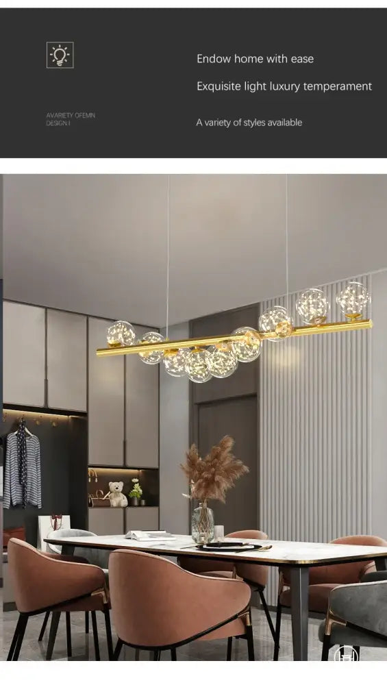 Gold-toned DecorBites™ contemporary led glass ceiling chandelier with clear glass globe shades above a dining table