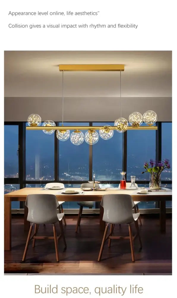Gold-toned DecorBites contemporary led glass ceiling chandelier with spherical glass globes and warm LED illumination