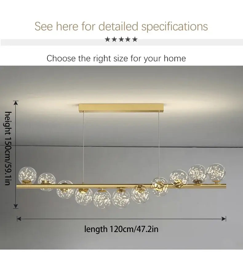 Gold-toned contemporary led glass ceiling chandelier with clear spherical bulbs on a sleek long ceiling chandelier bar