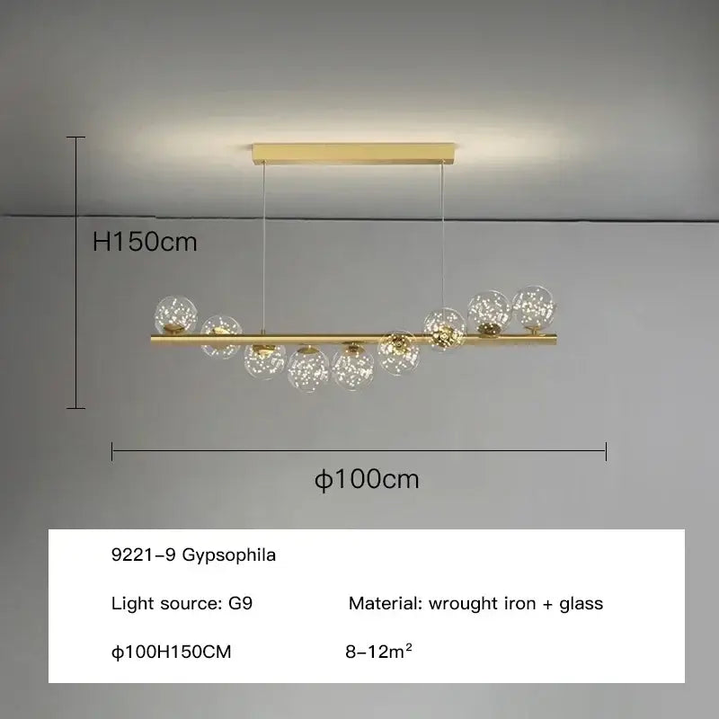 Gold-toned decorbites™ contemporary led glass ceiling chandelier with sleek wrought iron frame and clear globe shades