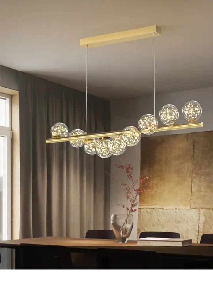 Decorbites™ contemporary led glass ceiling chandelier with gold-toned horizontal bar and clear glass globe bulbs