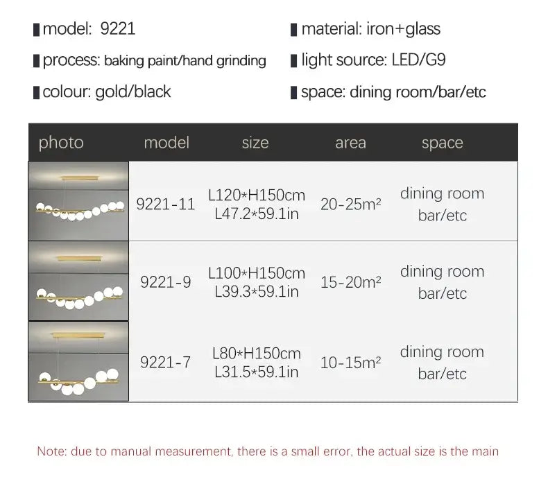 DecorBites™ contemporary led glass ceiling chandelier in gold and black with sleek iron and spherical glass bulbs