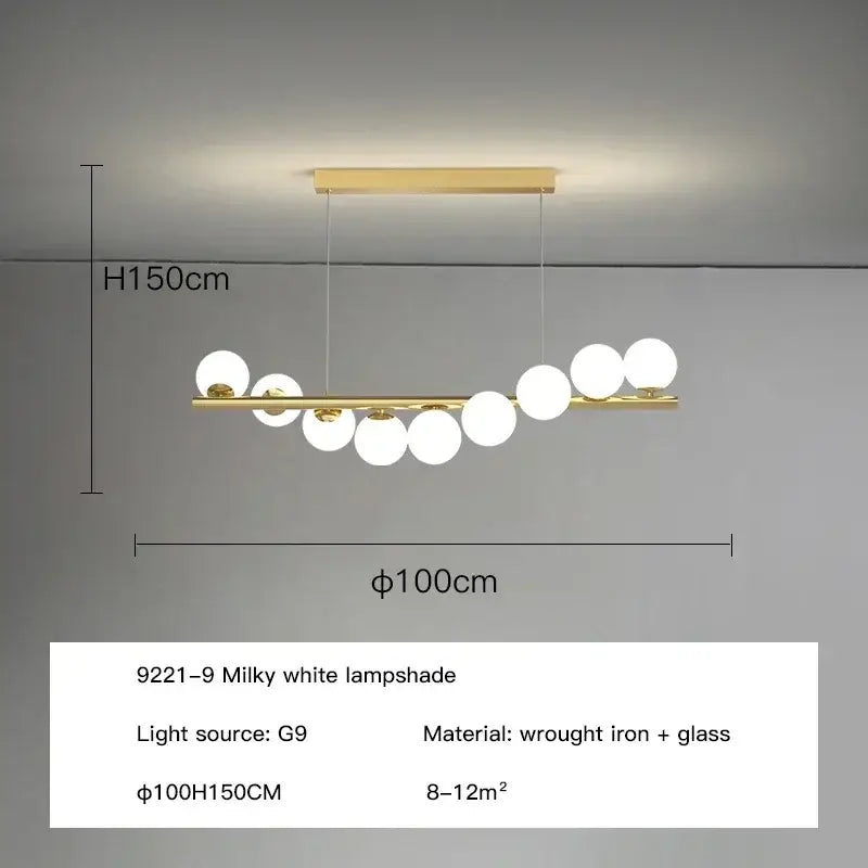 Gold-toned contemporary led glass ceiling chandelier with wrought iron frame and nine milky white globe shades arranged in a curve