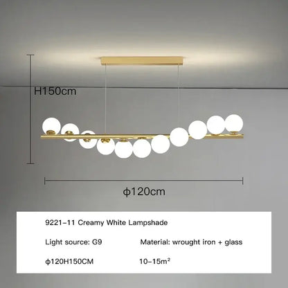 Gold-toned wrought iron and glass decorbites contemporary led glass ceiling chandelier with creamy white spherical lampshades in an elongated curve