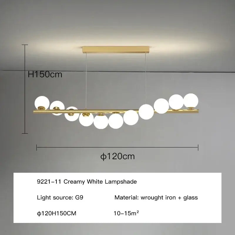 Gold-toned wrought iron and glass decorbites contemporary led glass ceiling chandelier with creamy white spherical lampshades in an elongated curve