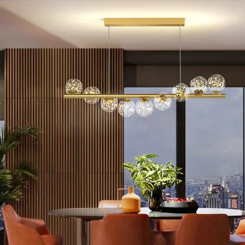 Decorbites™ contemporary led glass ceiling chandelier with gold-toned bar and clear glass globe bulbs for home lighting