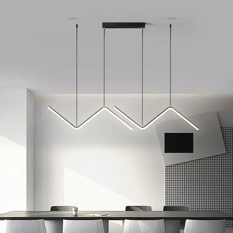 Modern black DecorBites™ contemporary 2-head 90cm led pendant lights with sleek angular designs hang from the ceiling