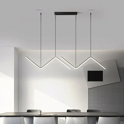 Modern black DecorBites™ contemporary 2-head 90cm led pendant lights with sleek angular designs hang from the ceiling