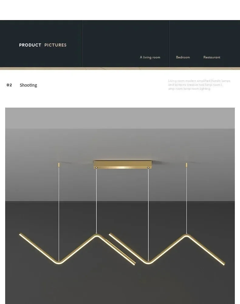 DecorBites™ contemporary gold-toned led pendant lights with sleek angular geometric minimalist design 2-head 90cm