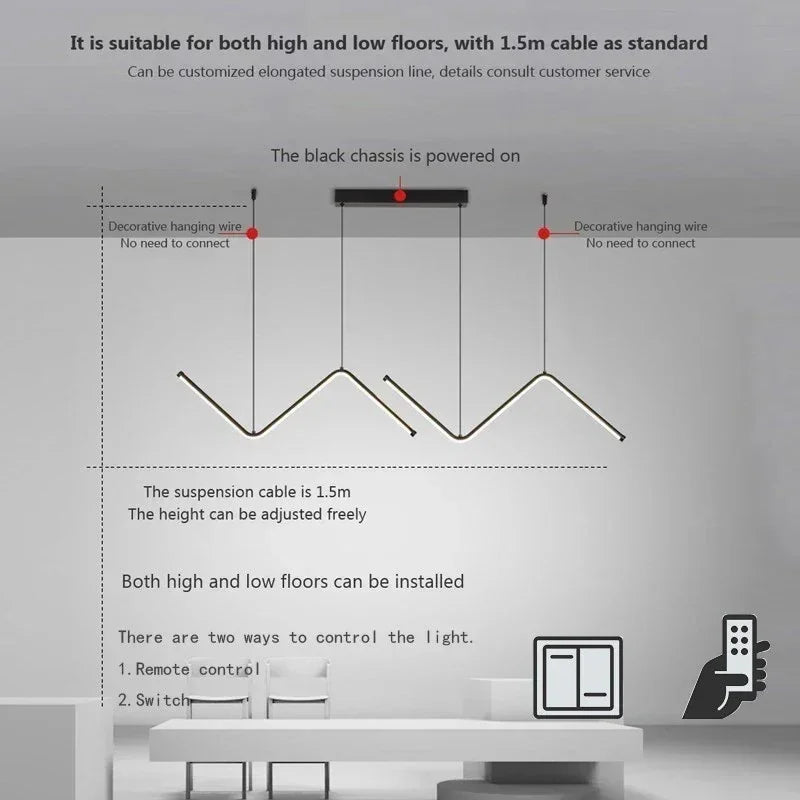 Black decorbites™ contemporary led pendant lights with sleek zigzag design and 1.5m adjustable suspension cable