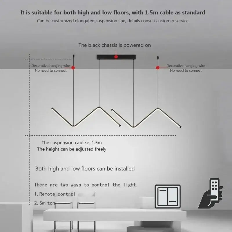 Black decorbites™ contemporary led pendant lights with sleek zigzag design and 1.5m adjustable suspension cable