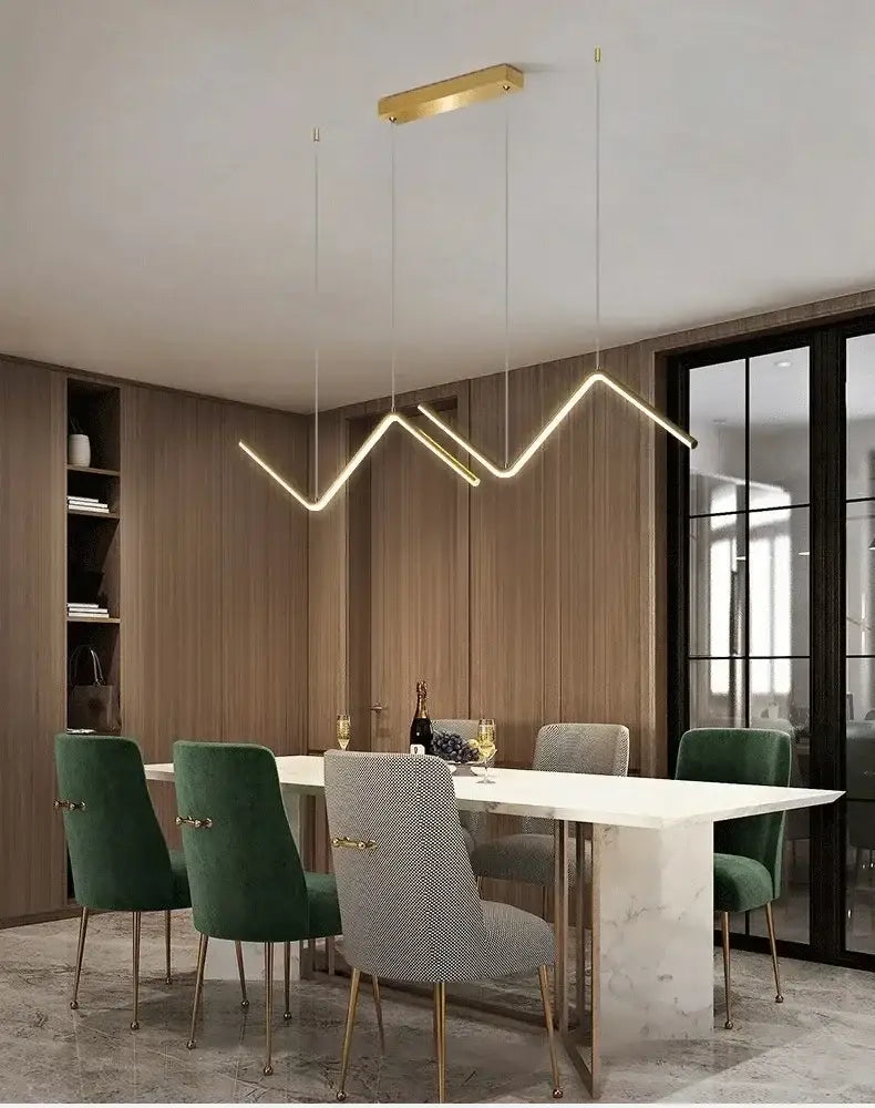 Modern gold-accented DecorBites™ contemporary led pendant lights 2-head linear design above dining table