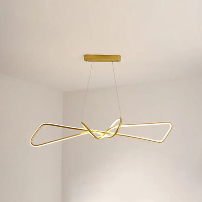 Gold-colored contemporary metal dining room hanging light kit with sleek intertwined bowtie led island design