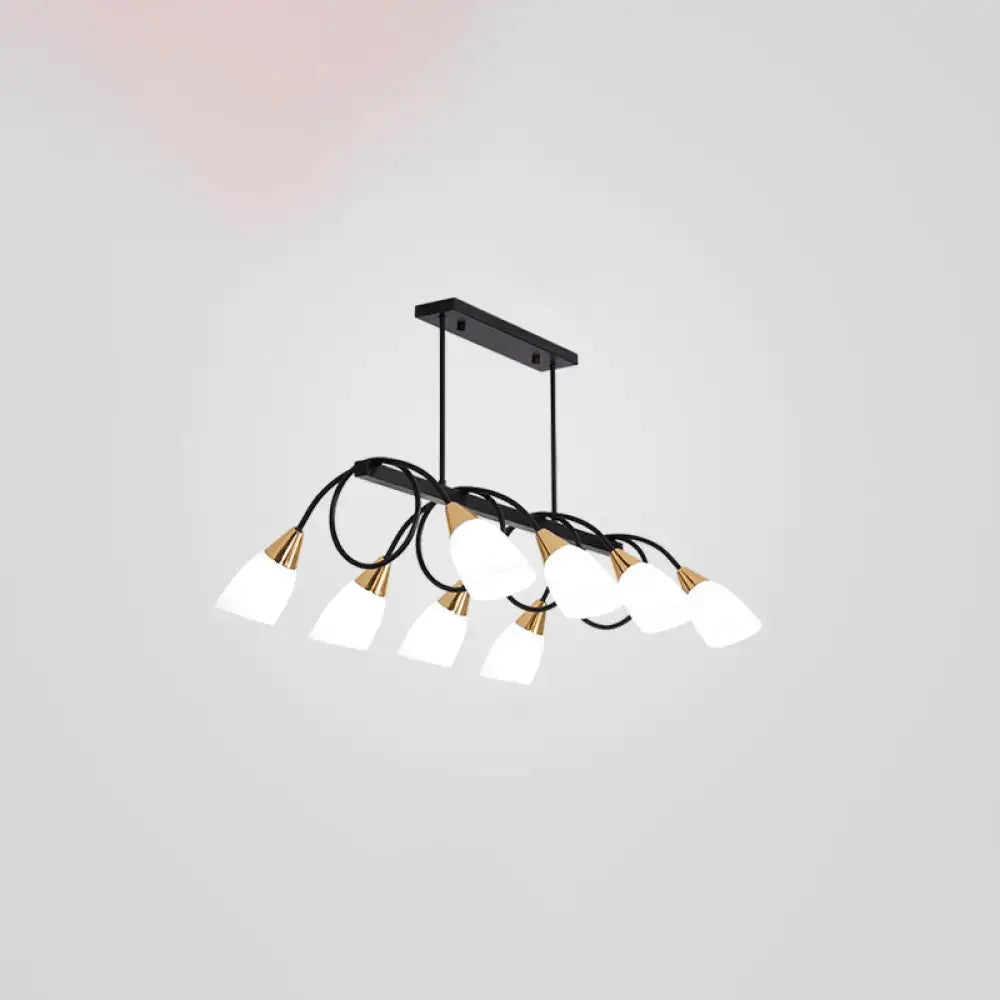 Decorbites modern black and brass chandelier with six frosted glass shades featuring a contemporary milk glass tulip shade island lamp