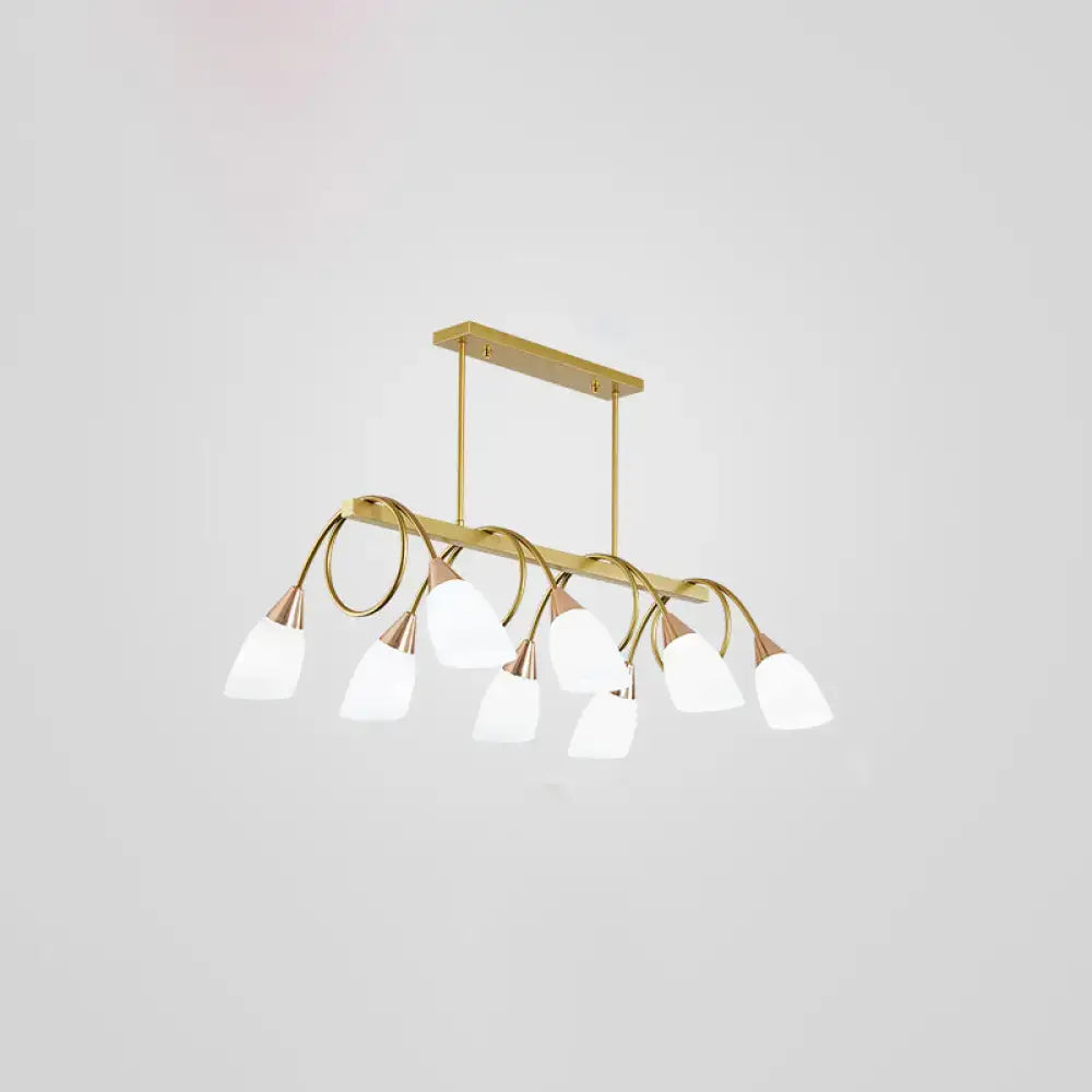 Gold-toned decorbites contemporary milk glass shade island lamp with six curved arms and frosted tulip shades ideal for restaurants
