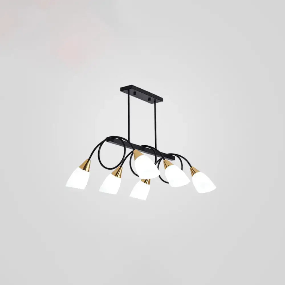 Modern black and gold shade island lamp with five frosted contemporary milk glass tulip shades ideal for restaurants