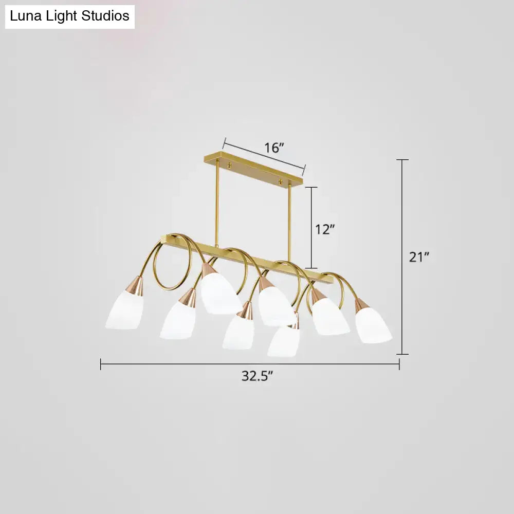 Decorbites™ contemporary milk glass tulip shade island lamp with gold-toned frame and six frosted glass shades ideal for restaurants