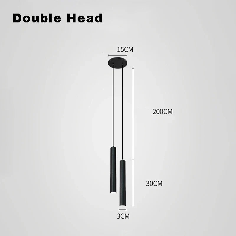Black double-headed DecorBites™ contemporary nordic led pendant light with sleek cylindrical shades for dining room use