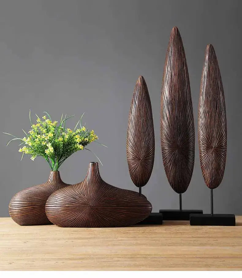 Set of four dark brown wood-textured contemporary resin vases with radial grooves for flower arrangements by DecorBites™