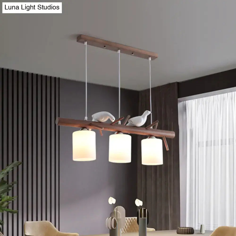 DecorBites™ wood island pendant with three cylindrical glass shades and white bird figurines for e26 e27 bulbs
