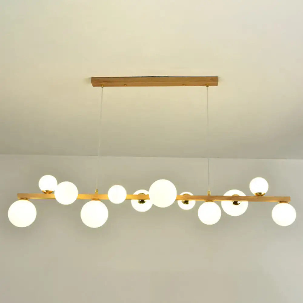 DecorBites contemporary wood pendant chandelier with light wood frame and frosted glass globe shade for dining room 110v-120v