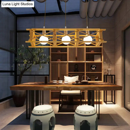 DecorBites™ contemporary wooden beige rectangular cage island chandelier with geometric lattice and three white bulbs