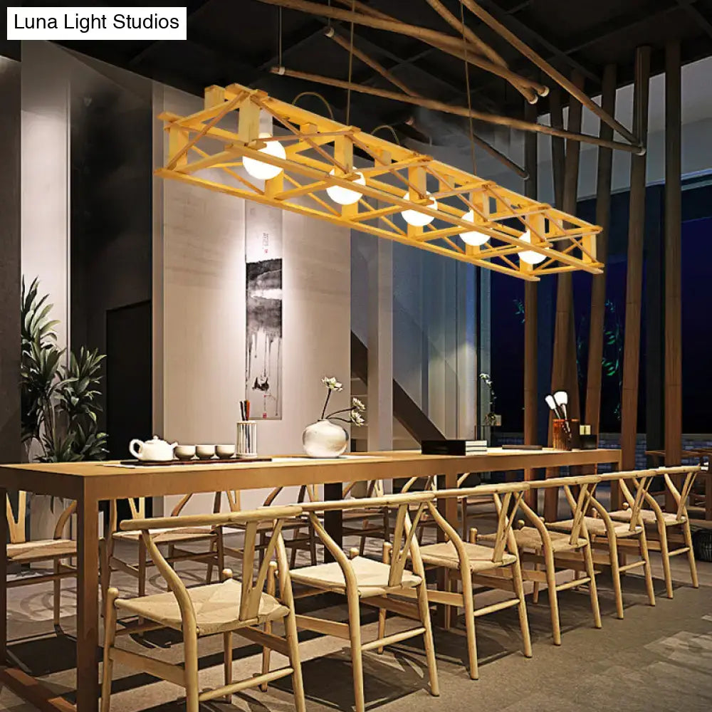 DecorBites™ rectangular cage island pendant light with natural wood frame and warm bulbs for restaurants