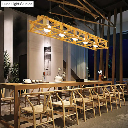 DecorBites™ rectangular cage island pendant light with natural wood frame and warm bulbs for restaurants