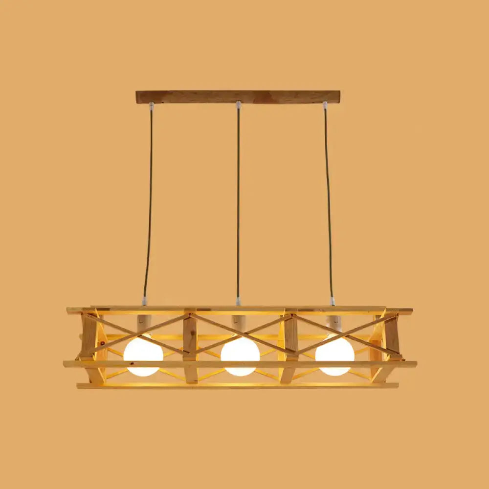 DecorBites™ contemporary beige wooden rectangular cage island lamp with crisscross slats and three exposed bulbs for restaurants