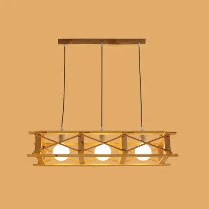 DecorBites™ contemporary beige wooden rectangular cage island lamp with crisscross slats and three exposed bulbs for restaurants