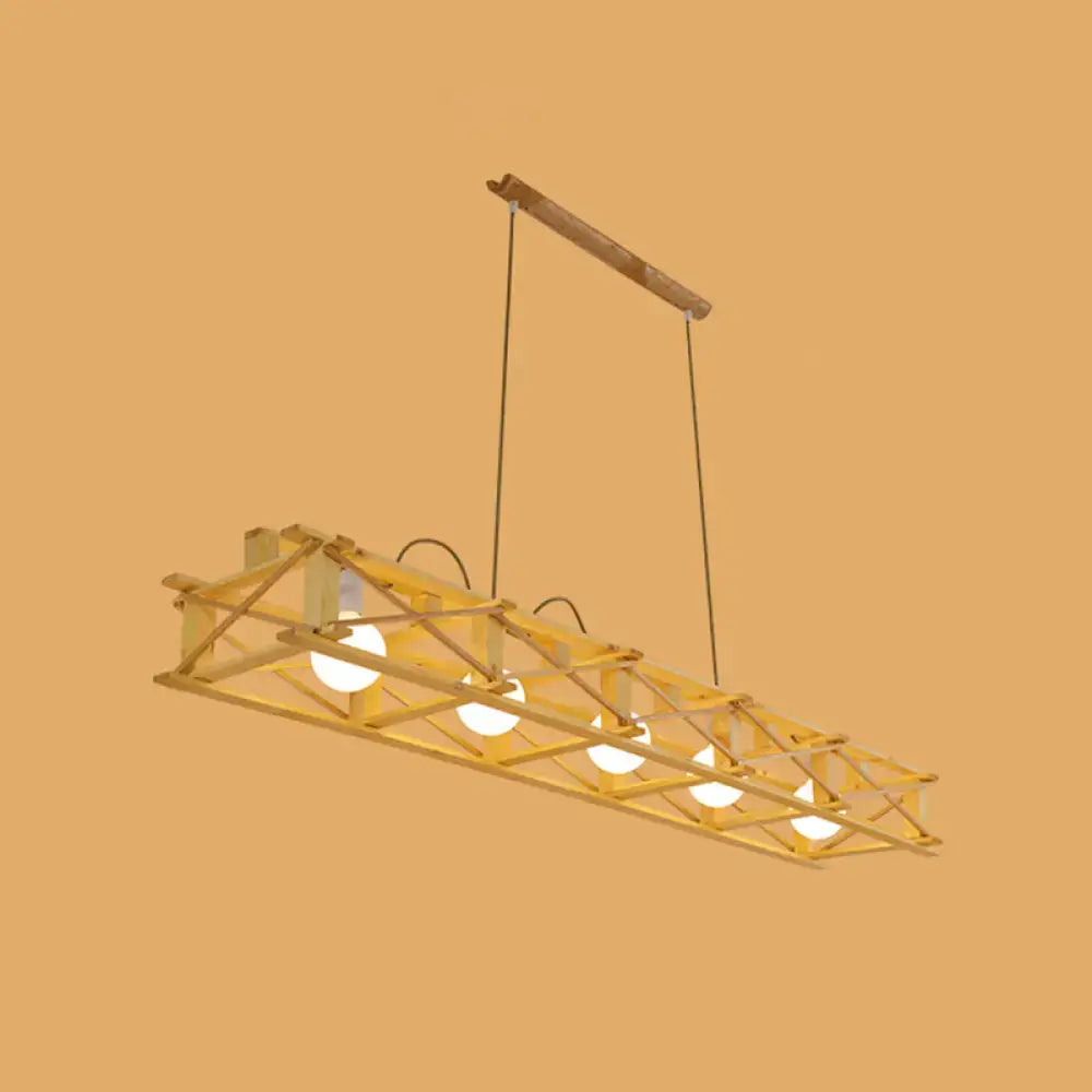 DecorBites™ contemporary wooden beige rectangular cage island pendant light with geometric lattice and five warm bulbs