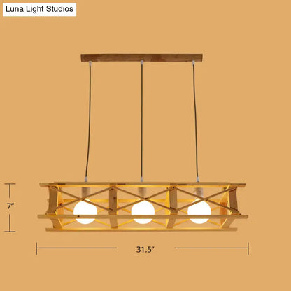 DecorBites™ contemporary wooden beige rectangular cage island lamp with three exposed bulbs and crisscrossing slats
