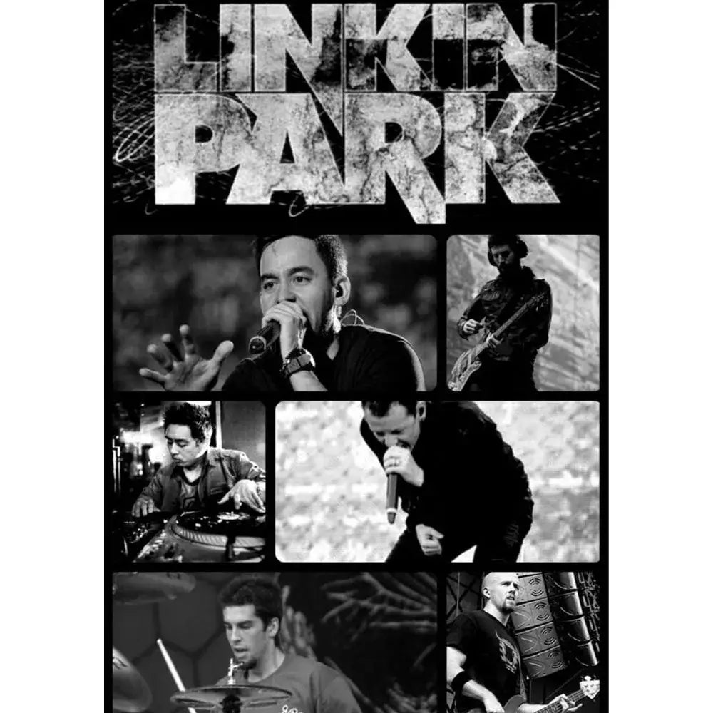 Black-and-white collage poster wall art featuring linkin park band members in performance poses for DecorBites™ wall art