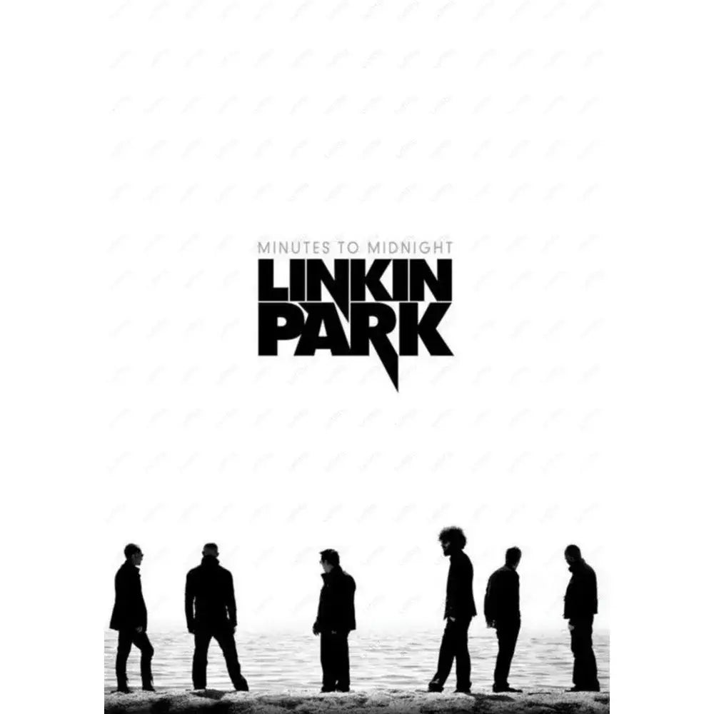 Black-and-white linkin park minutes to midnight poster wall art featuring band member silhouettes by the shoreline