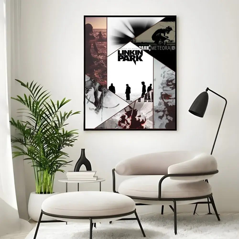 Black-framed linkin park meteora poster wall art with monochrome collage and muted red accents for stylish decor